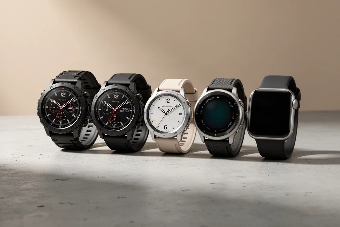 Four GPS sports watches lined up on a concrete surface