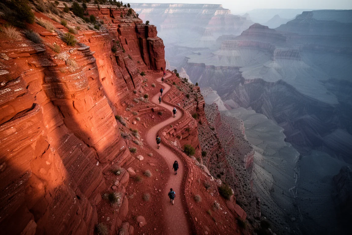 Luftaufnahme von Wanderern, die auf einem Serpentinenweg an einer Canyonwand verteilt sind