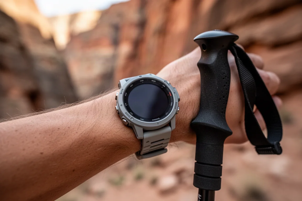 Nahaufnahme einer Multisportuhr am Handgelenk neben dem Griff eines Trekkingstocks