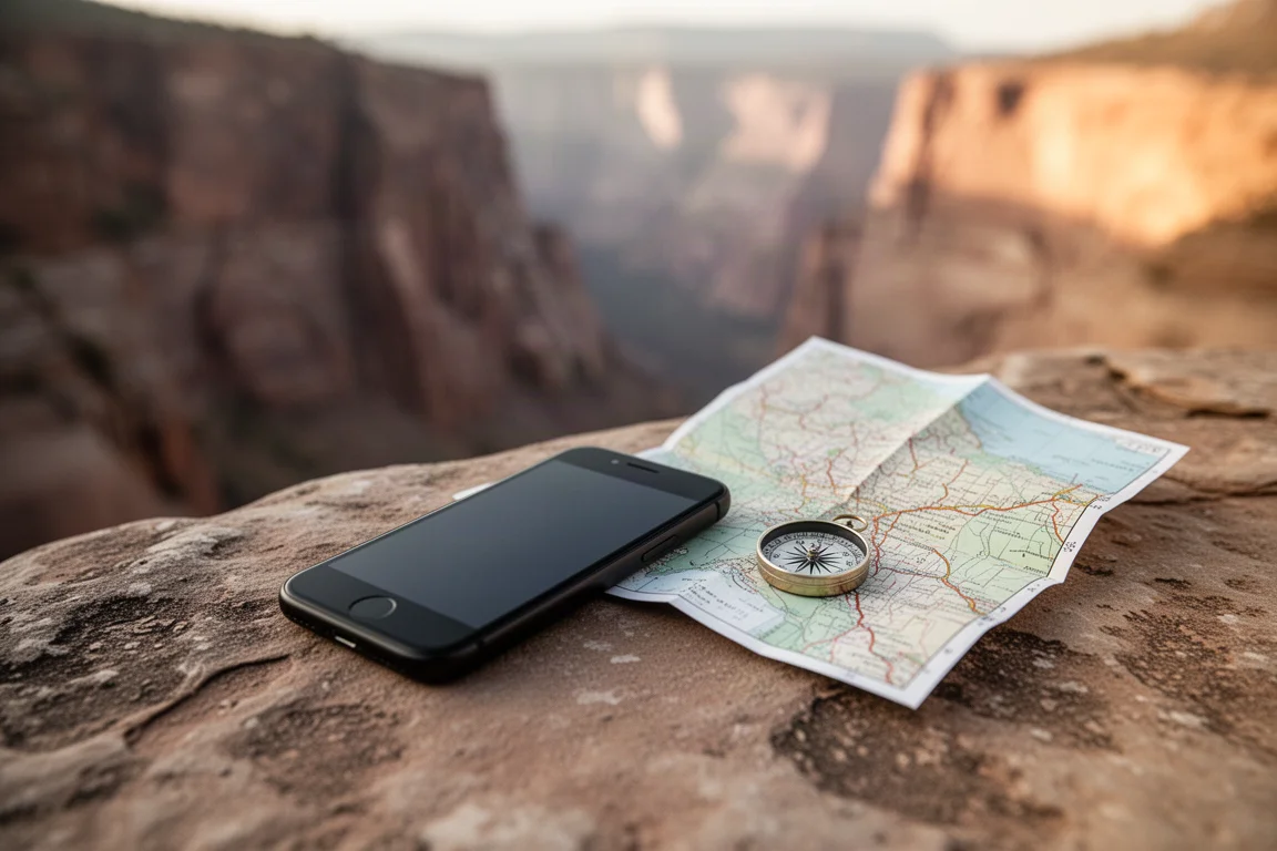 Telefon, Papierkarte und Kompass auf einem Felsvorsprung über einem Canyon