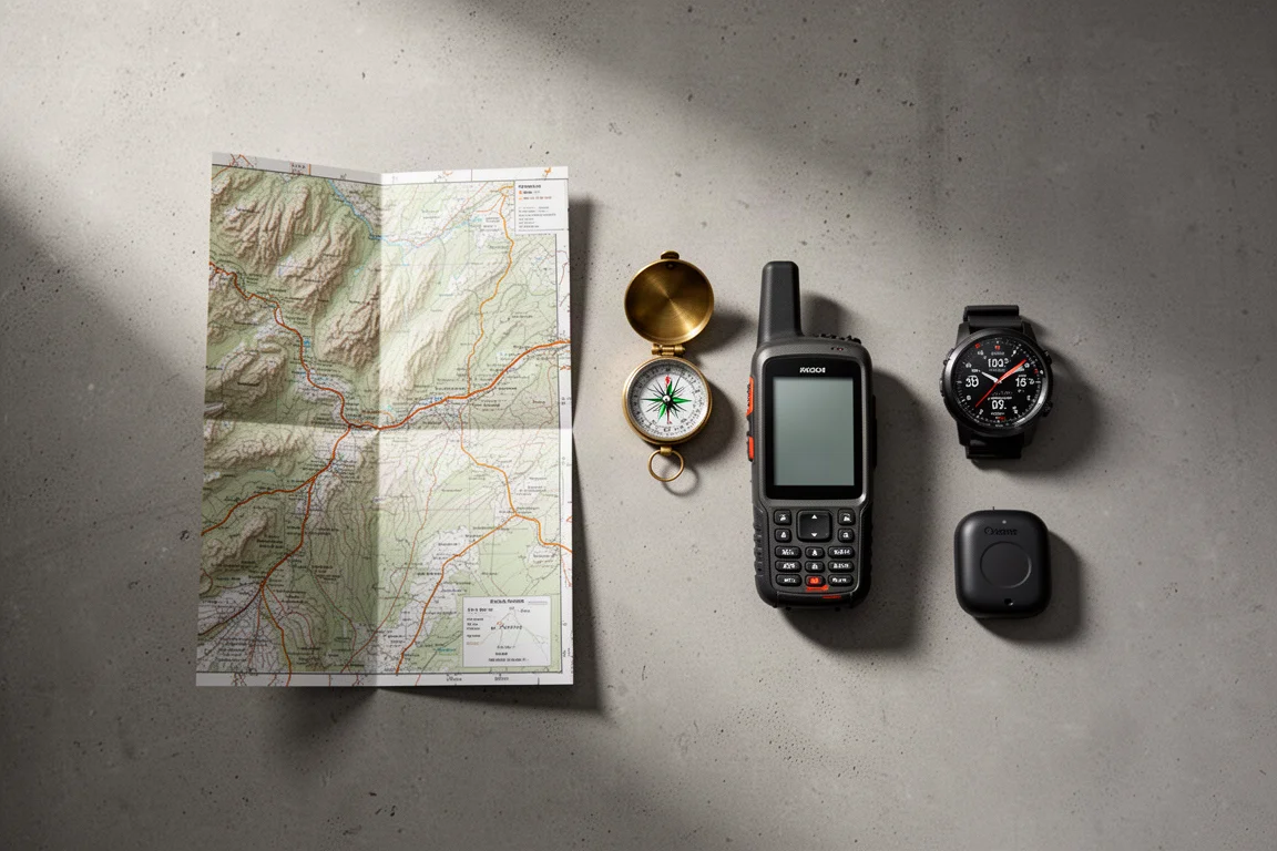 Flache Draufsicht auf Karte, Kompass, Handheld-GPS, Uhr und Tracker