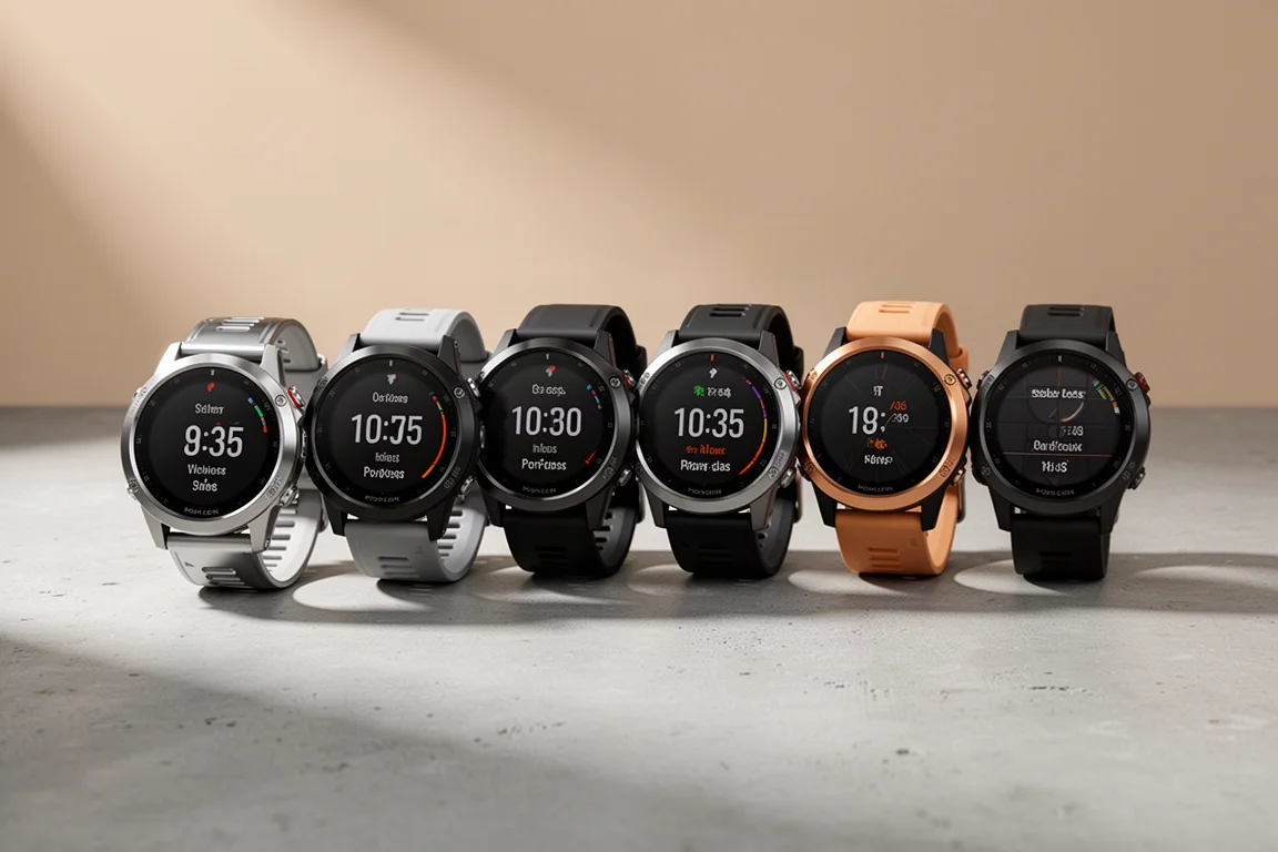 Seven sports GPS watches arranged in a row on a concrete surface