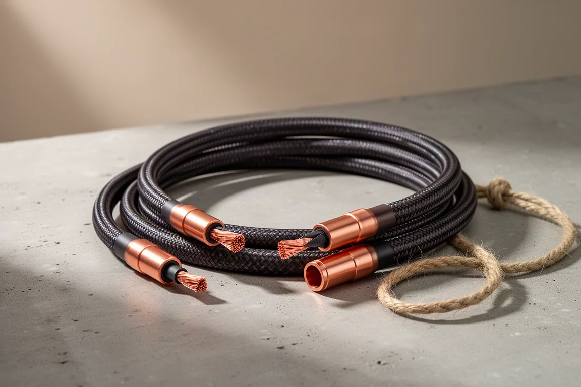 Premium speaker cables with copper tube connectors and a cotton rope core on concrete
