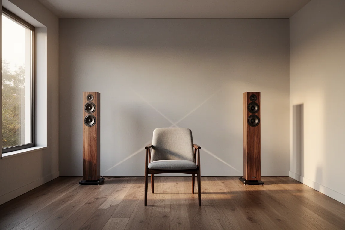 Minimalistischer Hörraum mit zwei schlanken Standlautsprechern, die von der Wand weggezogen und nach außen gewinkelt sind