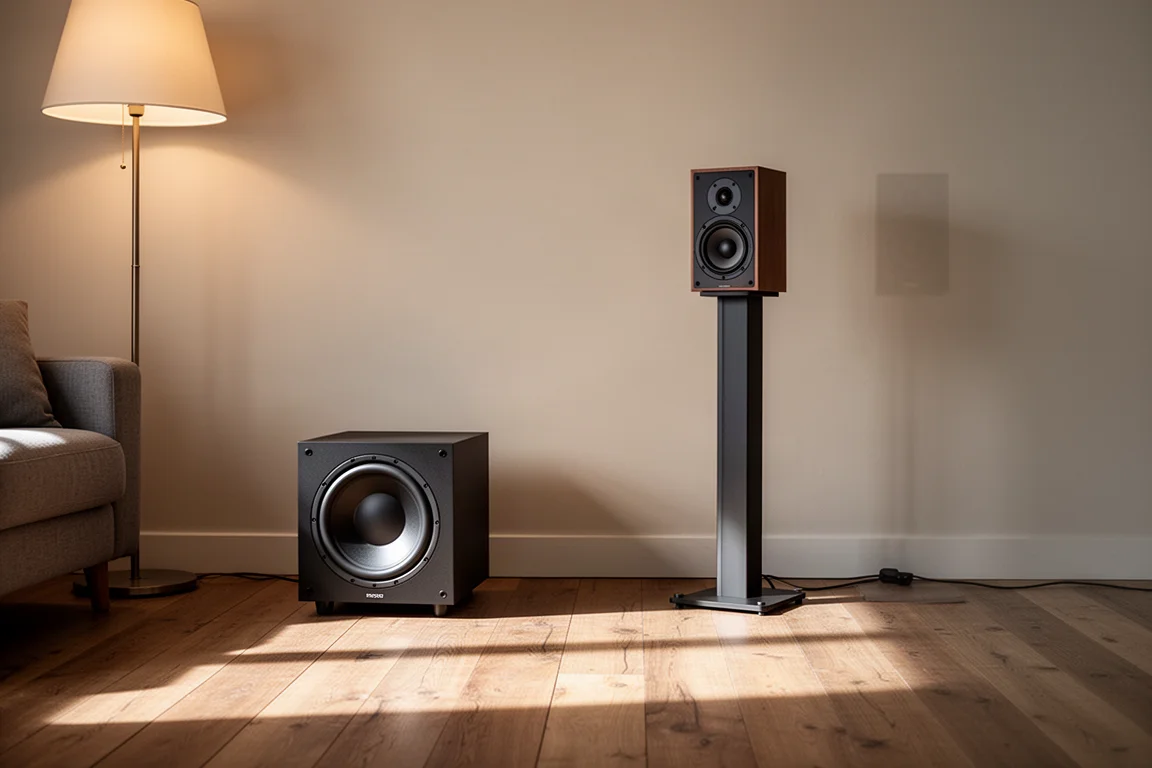 Kompakter Subwoofer auf Holzboden neben einem schlanken Standlautsprecher in einer Wohnzimmerecke