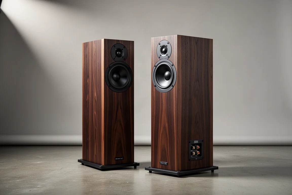 Pair of slim two-way stand-mounted speakers in dark wood veneer on a neutral grey backdrop
