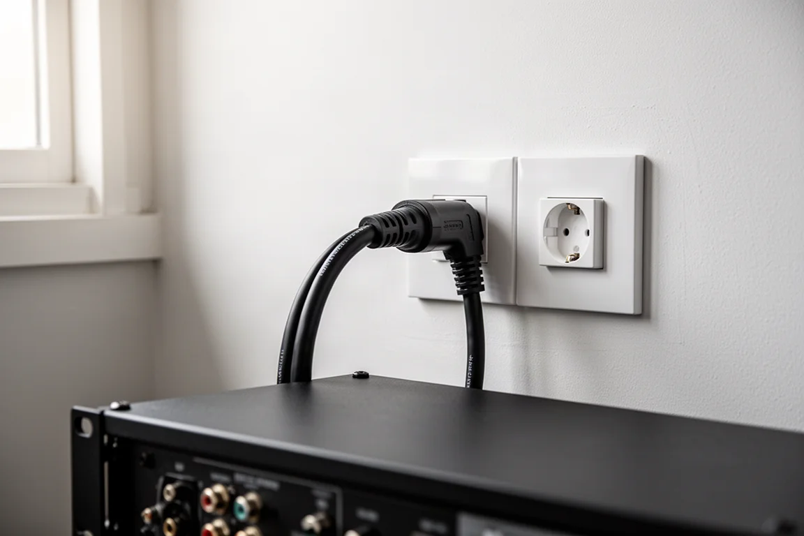 硬質音響電源線插在低矮器材架後方的牆壁插座上