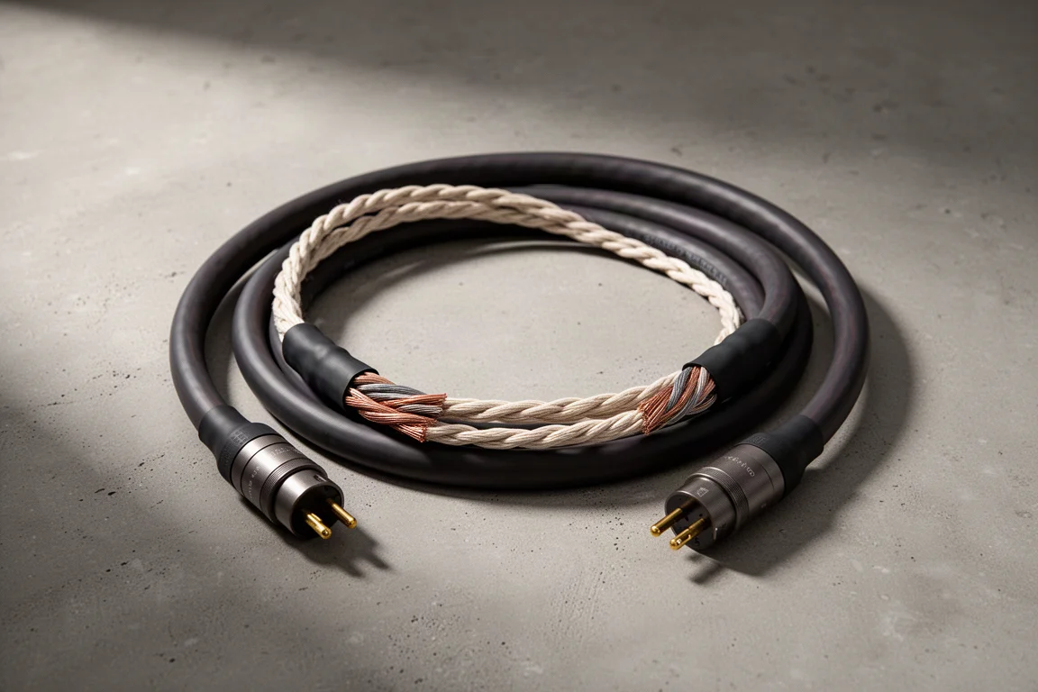 Heavy-duty audio power cable with cotton core and two connectors coiled on concrete