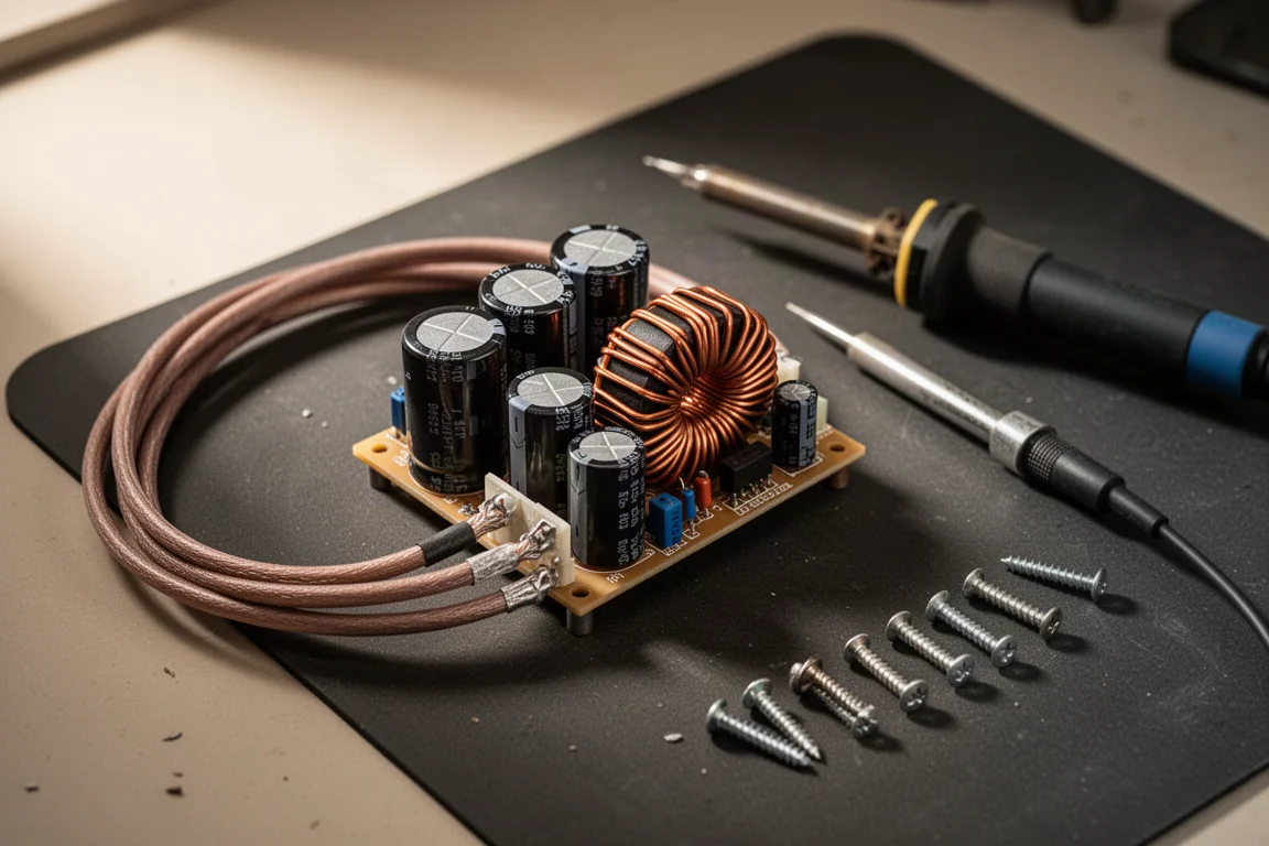 Speaker crossover board with capacitors, inductors and cable on a workbench