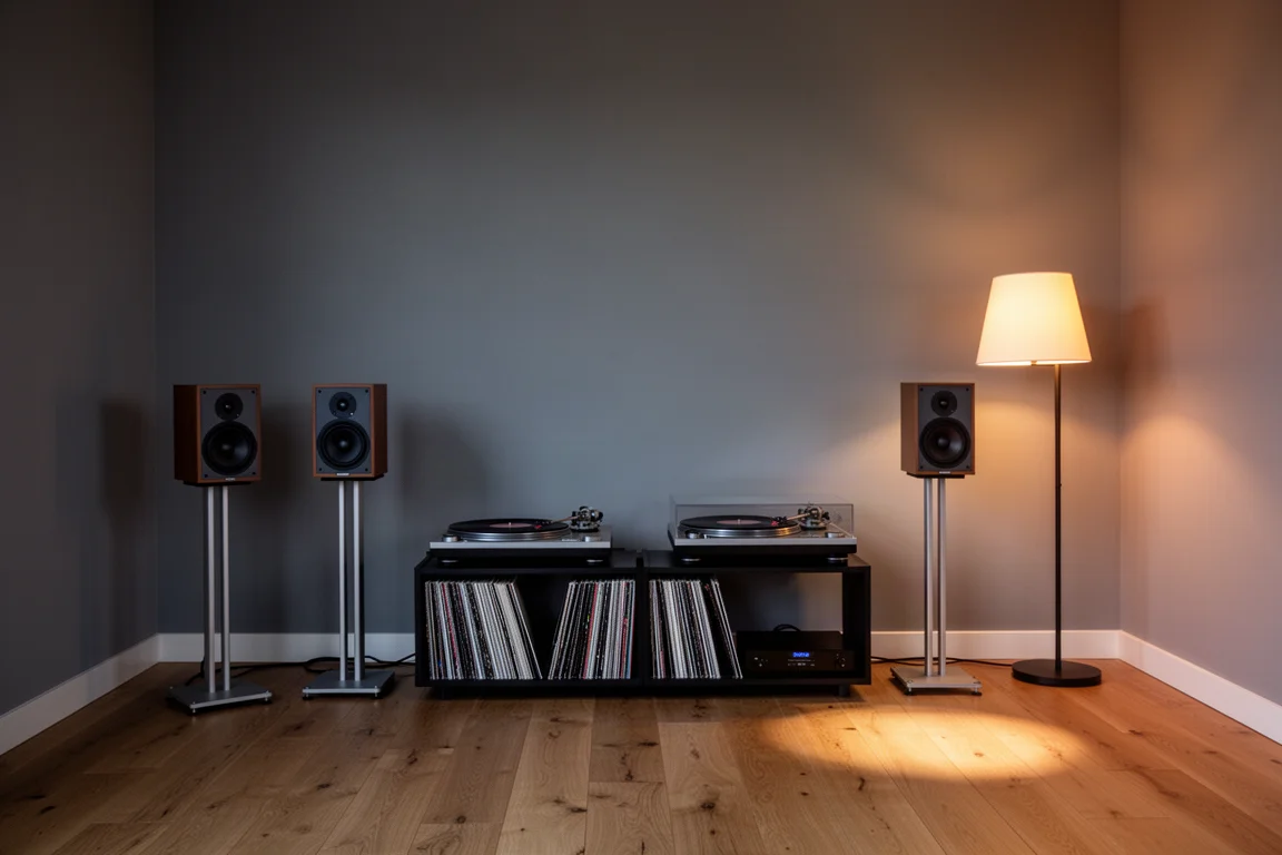 Small speakers on stands in a compact listening room lit by a warm lamp at dusk