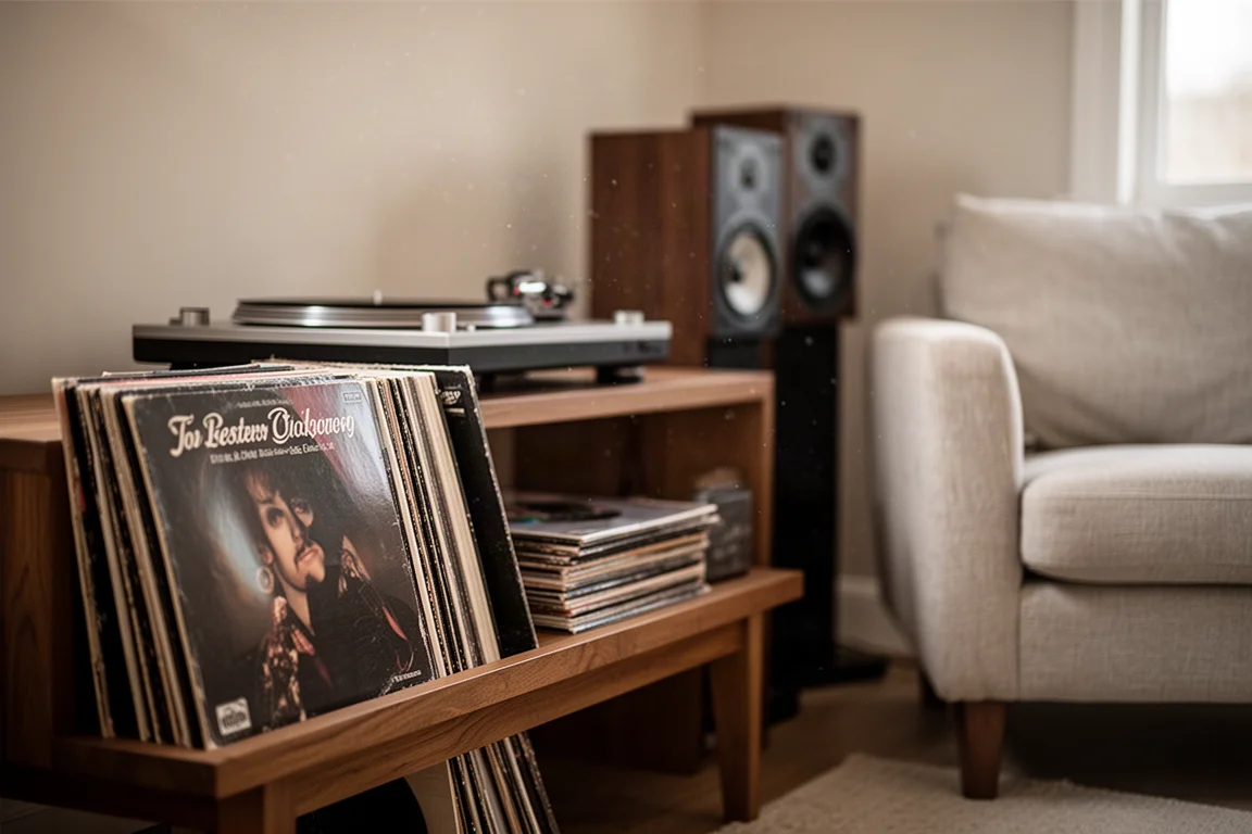 Vinyl records and turntable in a morning listening corner with blurred speakers behind