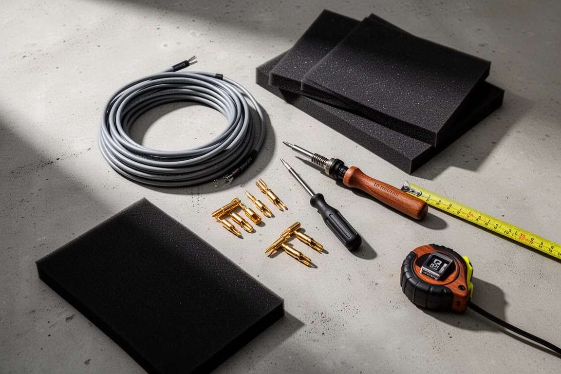 Flat-lay of speaker kit tools including cable, plugs, soldering iron and damping foam