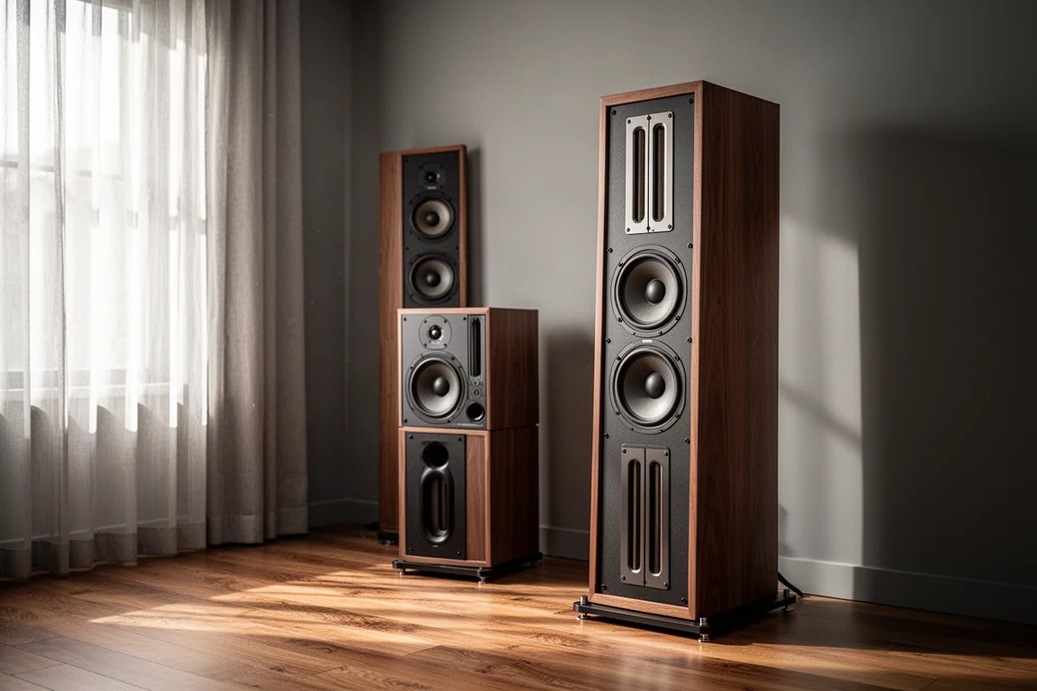 Open baffle tower speakers and a compact stand-mounted speaker in a warm listening room