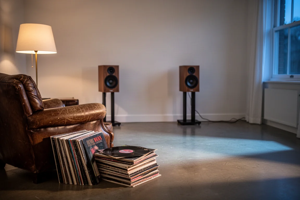 Salle d'écoute le soir avec de petites enceintes bibliothèques, un fauteuil en cuir et des vinyles