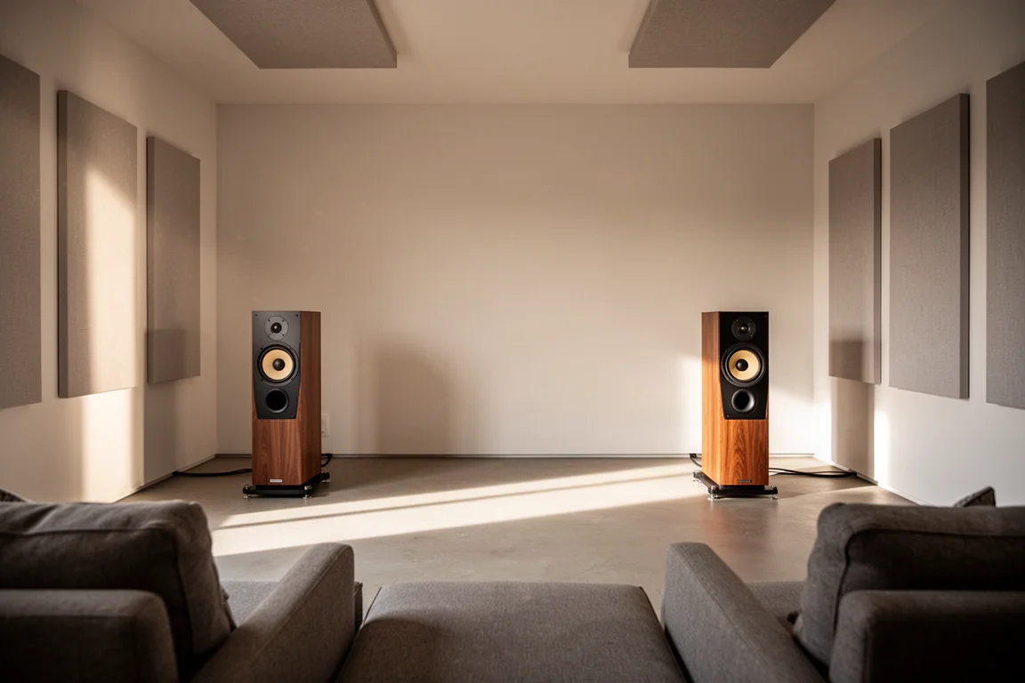 Salle d'écoute avec des enceintes éloignées du mur avant et des panneaux acoustiques sur les murs latéraux