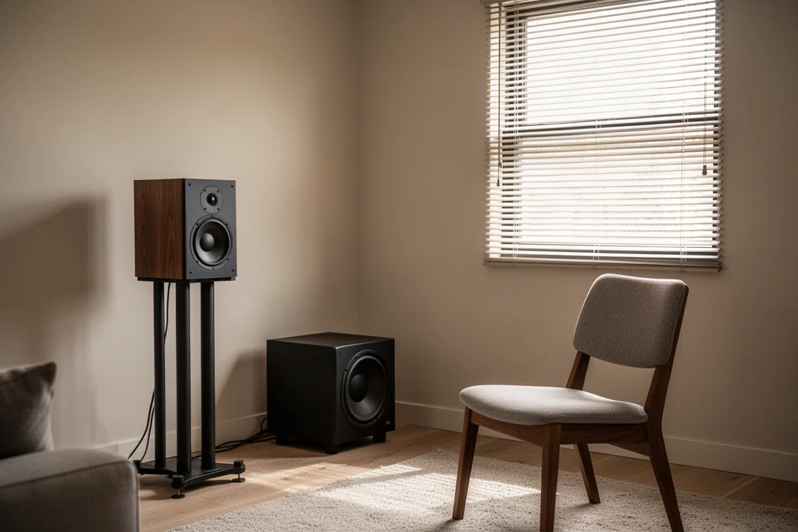 Coin de salon avec une enceinte bibliothèque, un caisson de basses et un fauteuil d'écoute orienté