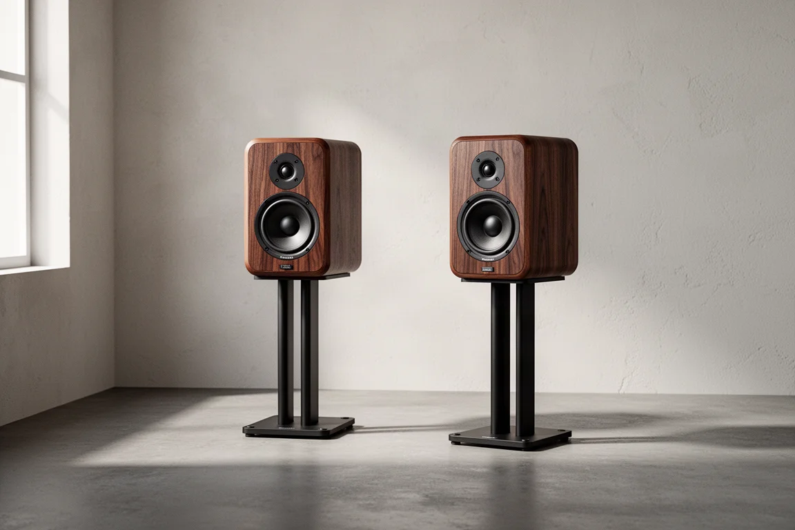 Pair of compact standmount speakers on stands in a minimalist listening room