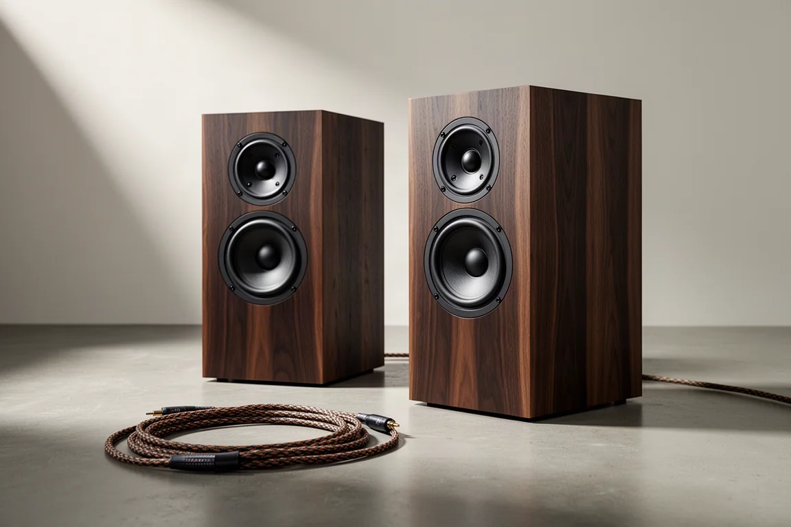 Two dark wood veneer loudspeakers on a concrete floor with a coil of speaker cable