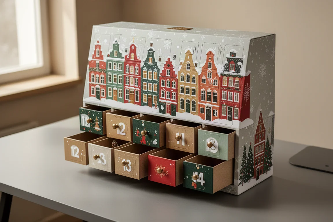Feestelijk adventskalenderdoosje vormgegeven als een klein stadje, met open lades