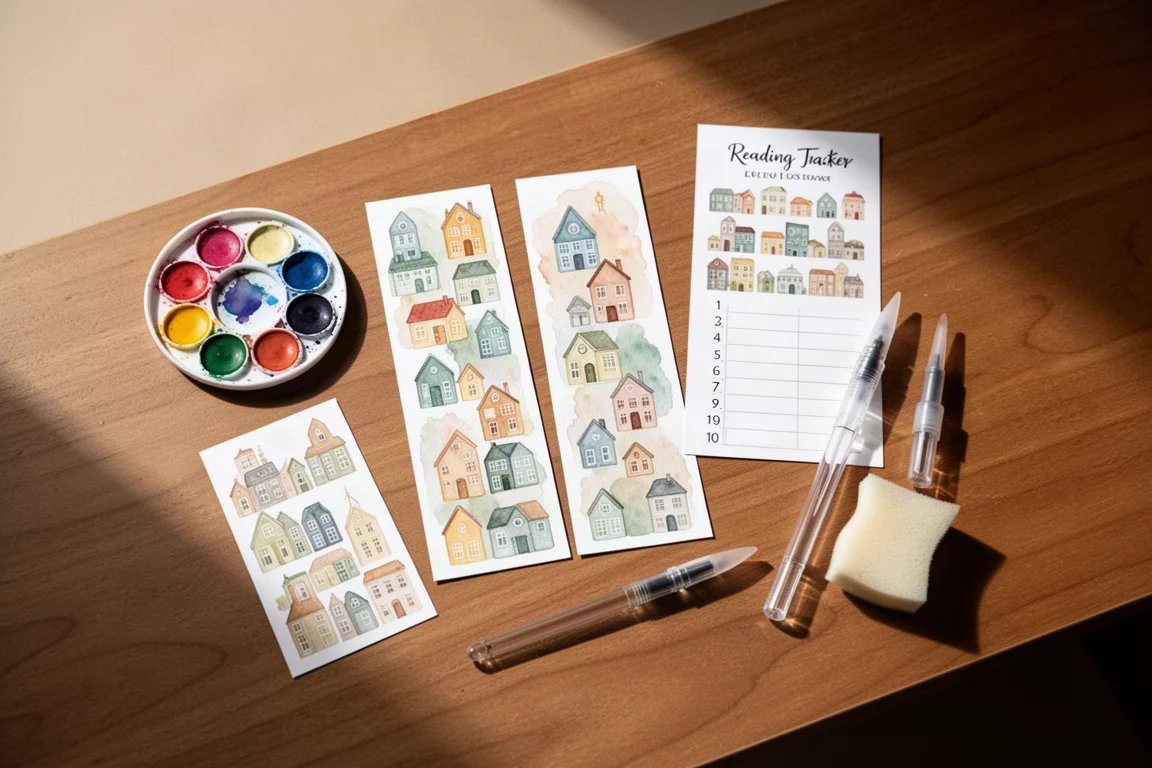 Aquarelpallet, boekenleggers en kleurtrackers op een bureau uitgestald