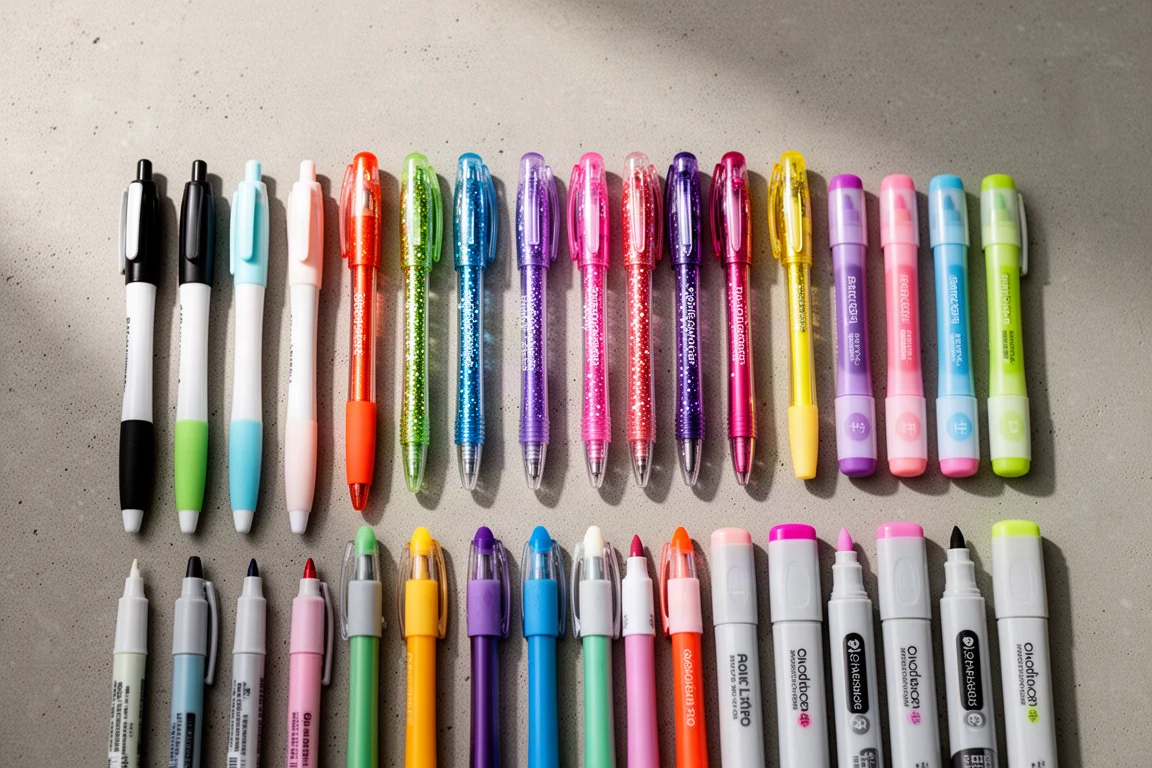 Rijen kleurrijke markers, gelpennen en fineliners op een bureau gerangschikt