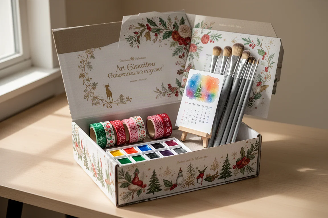 Open art subscription box with watercolors, washi tape, brushes and a desk calendar inside
