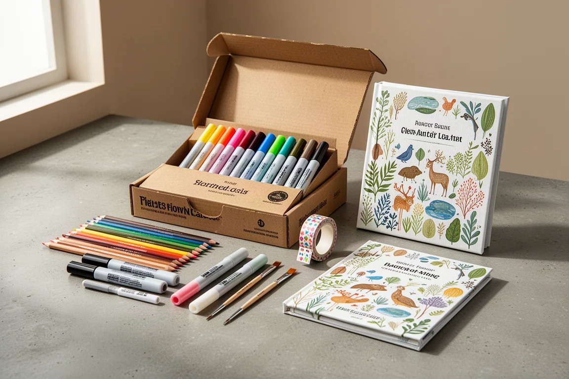 Una art subscription box aperta con matite, pennarelli, pennelli e un libro di attività