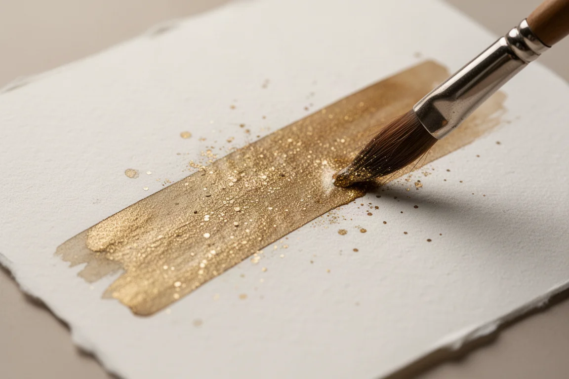 Campione d'acquerello dorato metallizzato in asciugatura su un piatto di ceramica bianca