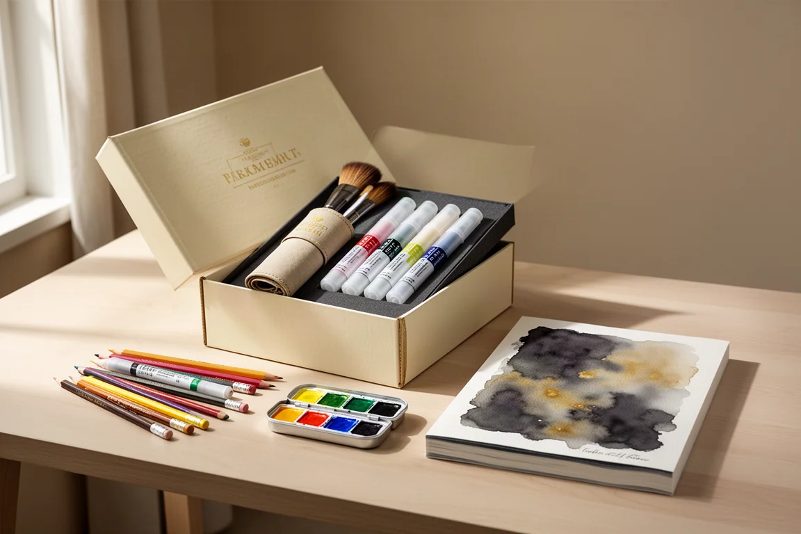 Opened art subscription box with supplies arranged on a wooden desk