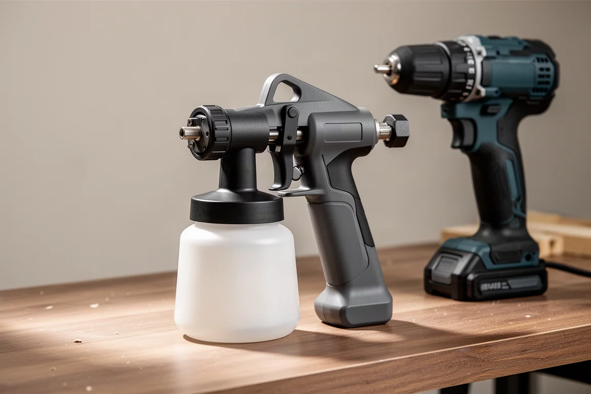 Graco TrueCoat 360 Cordless Connect paint sprayer attachment on a workbench beside a cordless drill