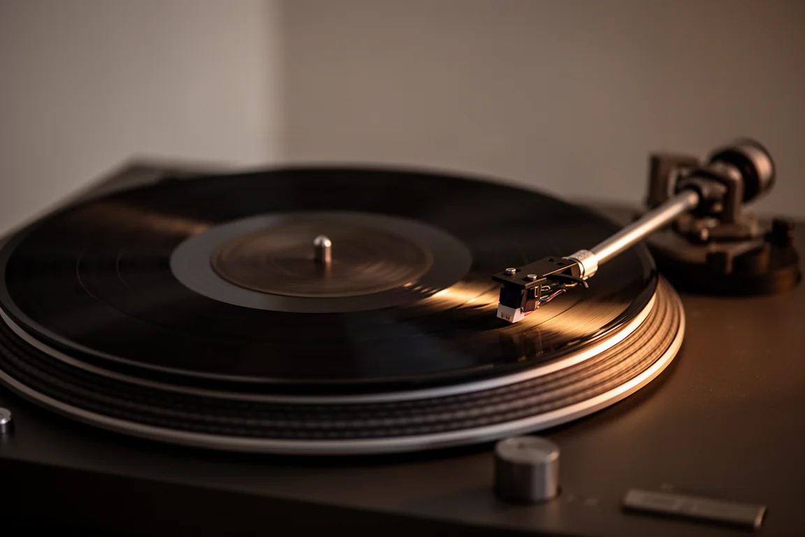 薄暗いリスニングルームでターンテーブルのプラッターの上で回転するレコード