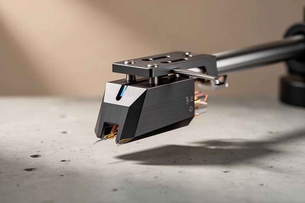 High-end phono cartridge mounted on a tonearm headshell in soft studio light