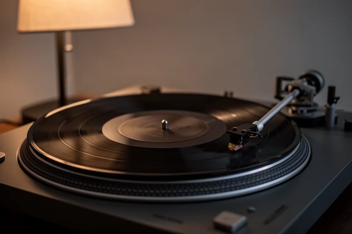Disco in vinile che gira sul piatto del giradischi nella luce calda della sera