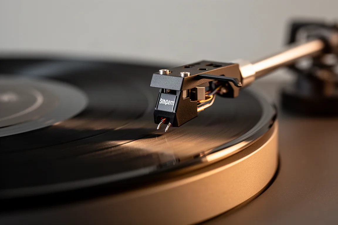 Primo piano di uno stilo del giradischi che scende verso il solco di un disco in vinile
