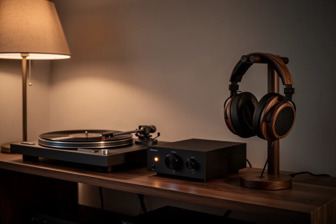Angolo di ascolto hi-fi notturno con giradischi, amplificatore e cuffie