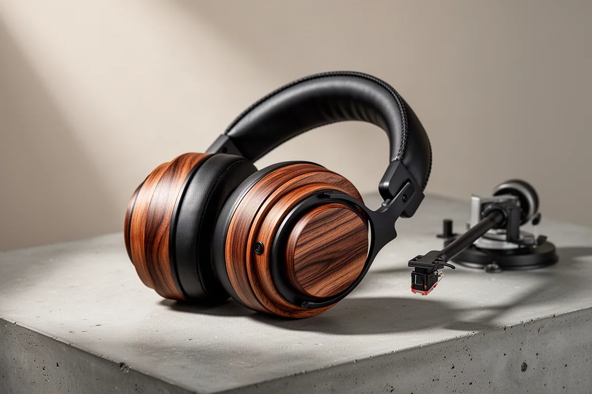 Wooden open-back headphone beside a turntable tonearm on a concrete surface
