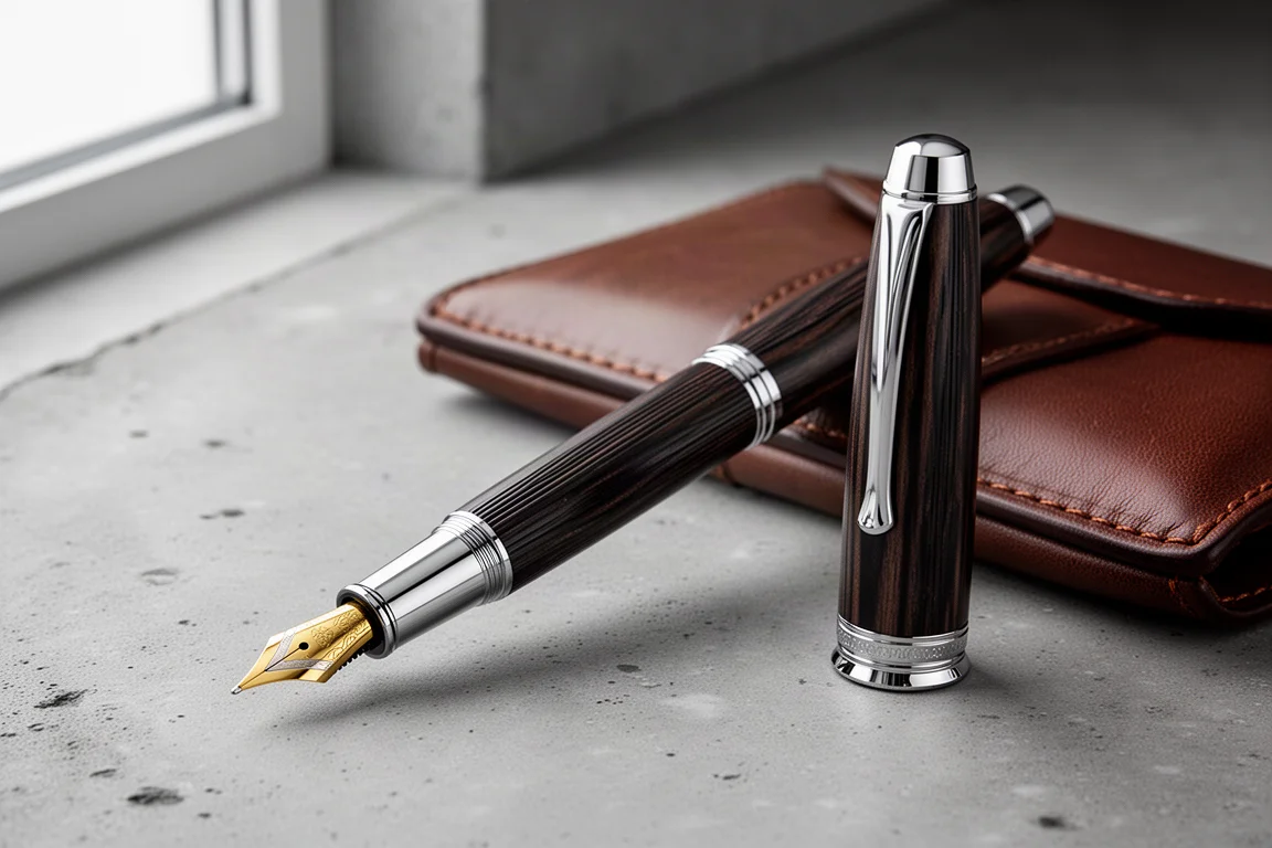Penna stilografica Graf Von Faber-Castell Classic in legno di ebano con pennino dorato accanto a un portapenne