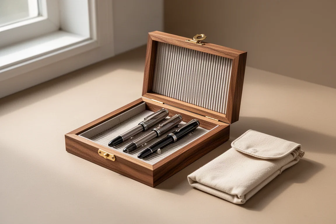 Embalaje de pluma estilográfica con una caja de madera que contiene una funda de lona de algodón
