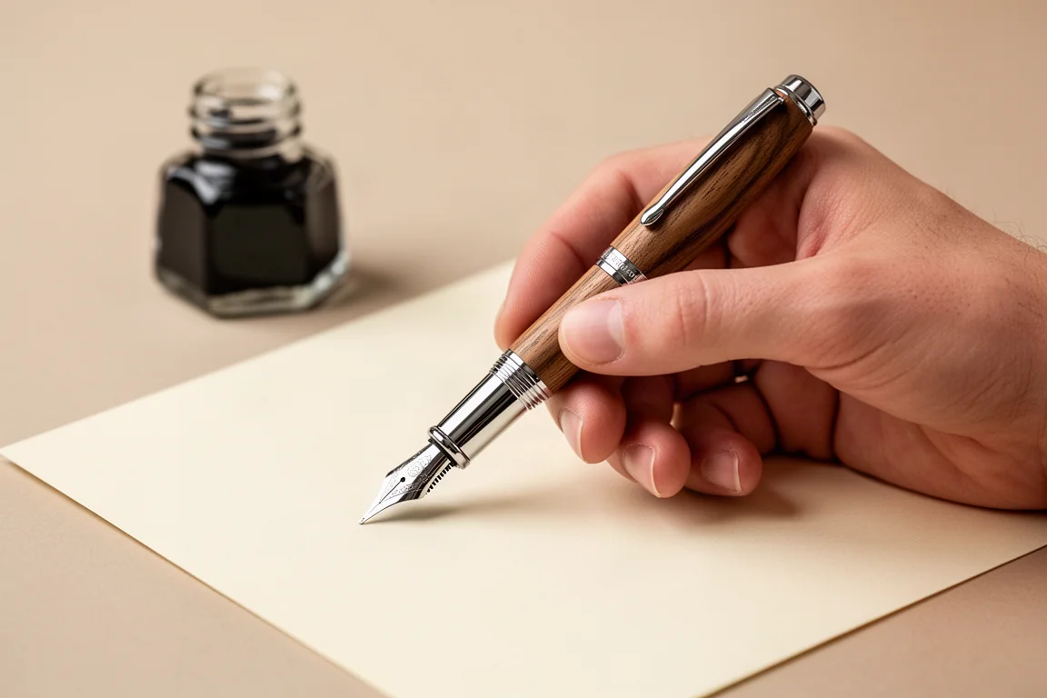 Pluma estilográfica sin capuchón en equilibrio sobre una mano escribiendo en una alfombrilla de escritorio de cuero