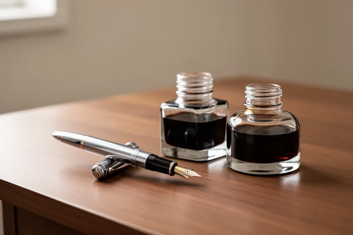 Plumín de una pluma estilográfica junto a frascos de tinta sobre un escritorio minimalista