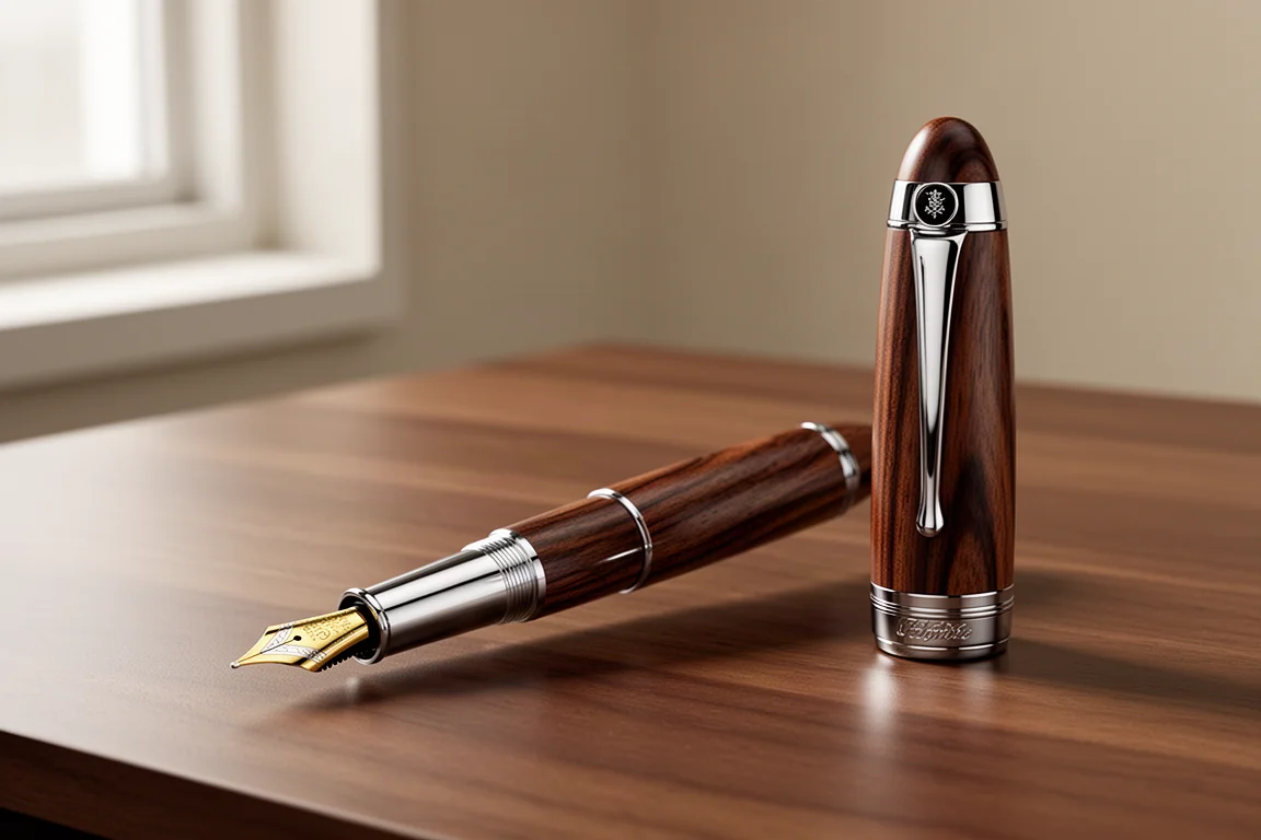 Graf von Faber-Castell Magnum fountain pen with walnut barrel and gold nib on wooden desk