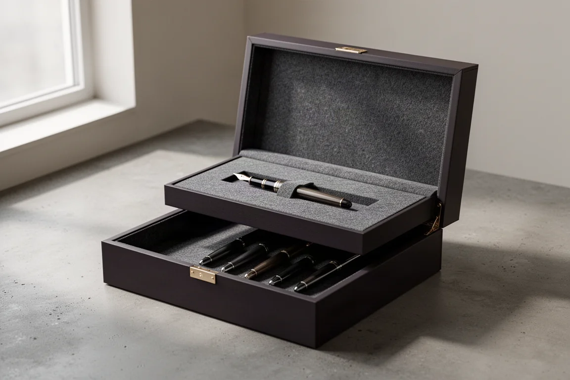 Large presentation box opened to reveal a fountain pen in a felt-lined tray
