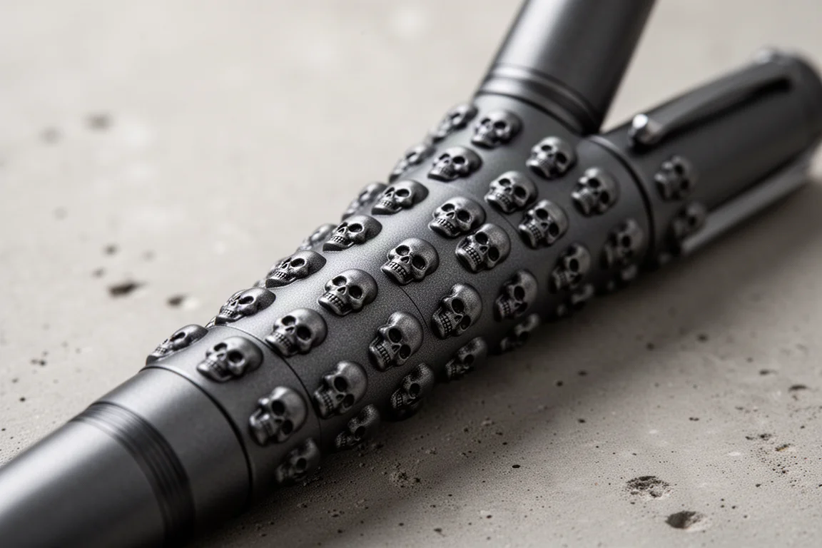 Close-up of a fountain pen barrel covered in raised skull engravings