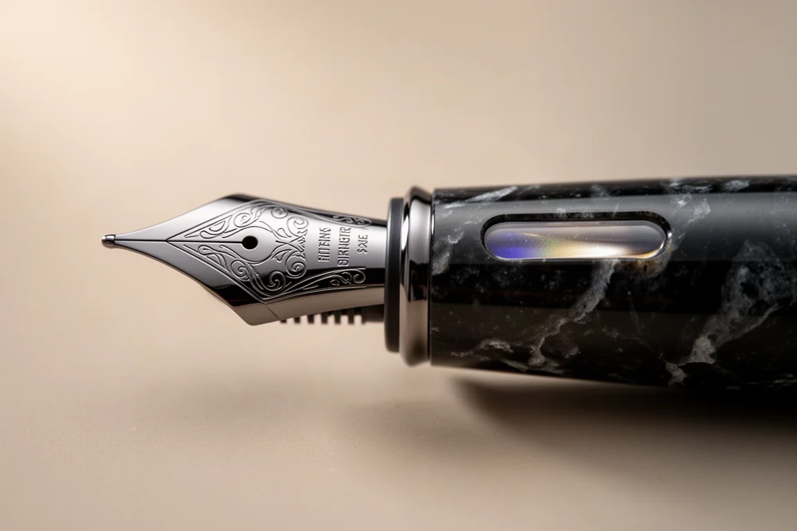Fountain pen nib and obsidian section with a translucent ink window