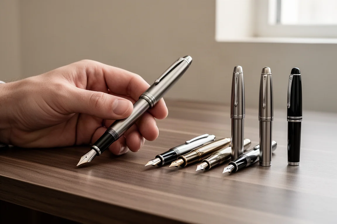 Hand holding a heavy fountain pen over a desk beside several other pens