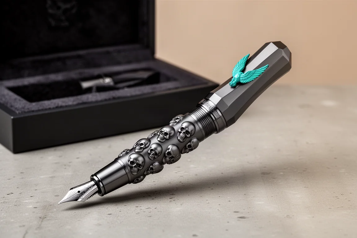 Large anthracite grey fountain pen with skull-engraved barrel on a concrete surface