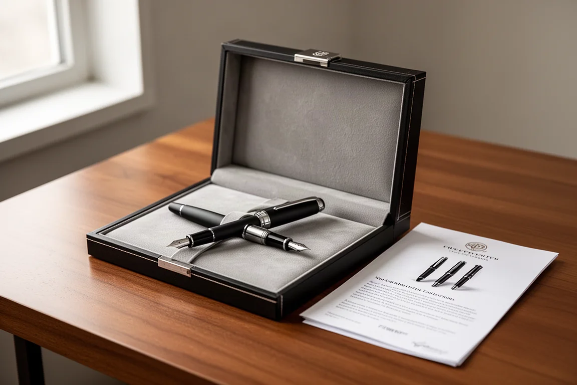 Matte black luxury fountain pen resting in an open presentation case with pamphlet