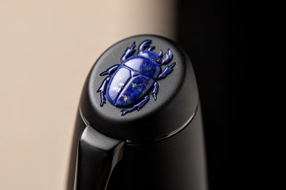 Macro view of the fountain pen cap with blue lapis lazuli scarab inlay