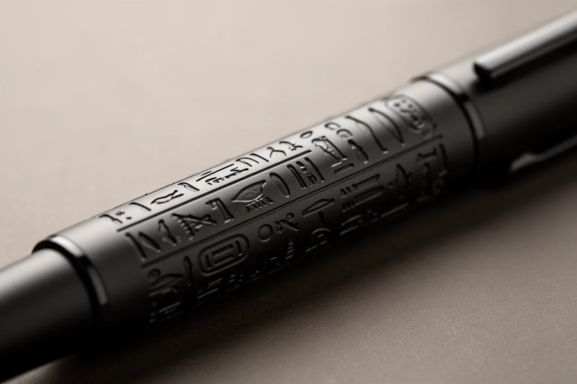 Detail of hieroglyphic engravings wrapping the pen barrel