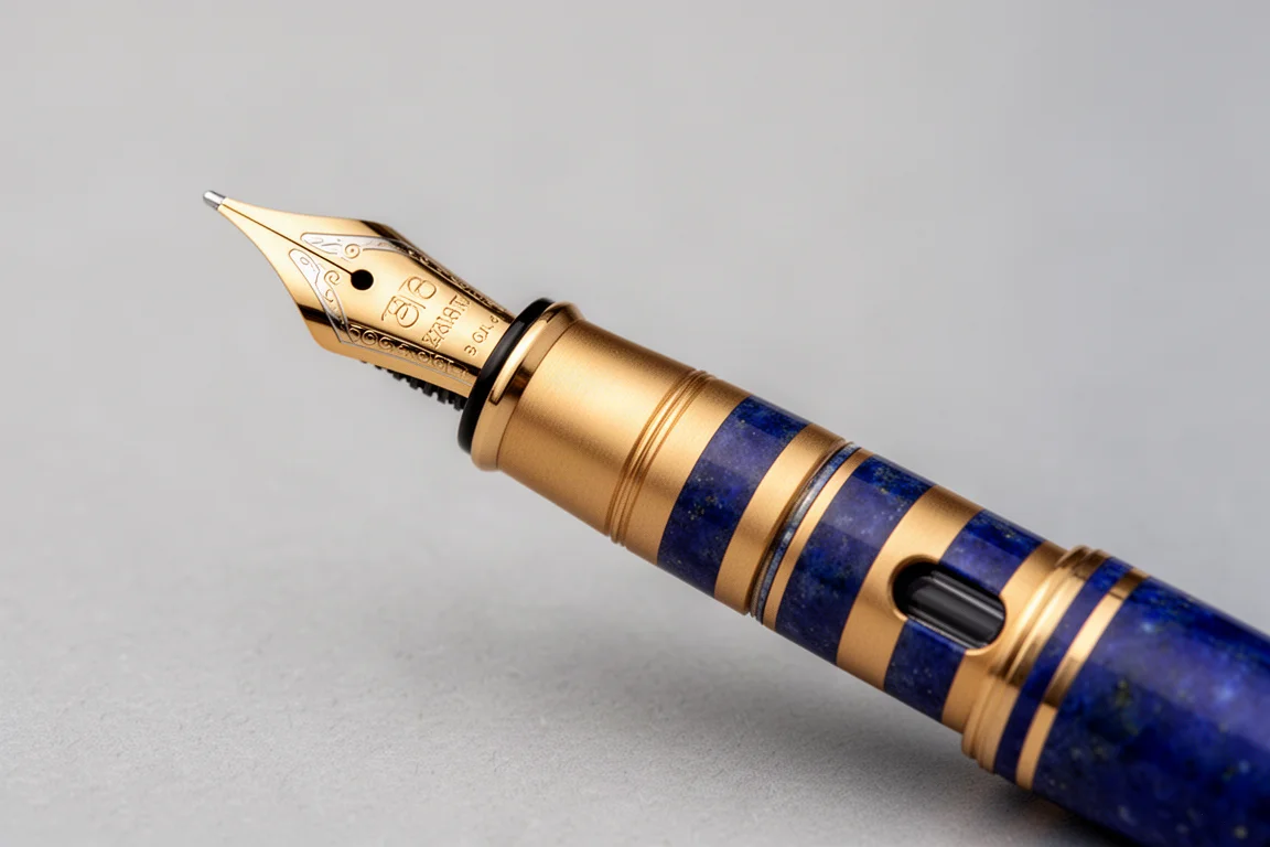 Gold nib and blue-and-gold striped section with ink window in soft light
